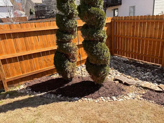 Spiral topiary and mulch landscaping project
